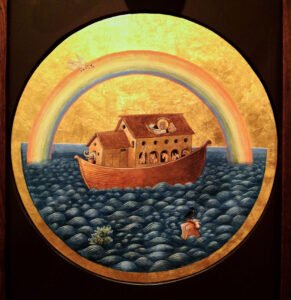 Arca de Noé sobre el mar y bajo el Arcoiris de siete colores.